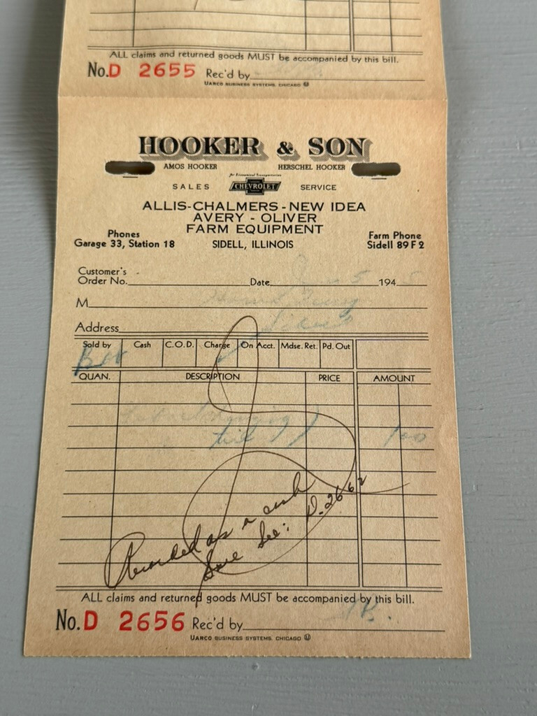 VTG Sidell IL Receipts Chevrolet Allis Chalmers New Idea Avery Oliver Farm Equip
