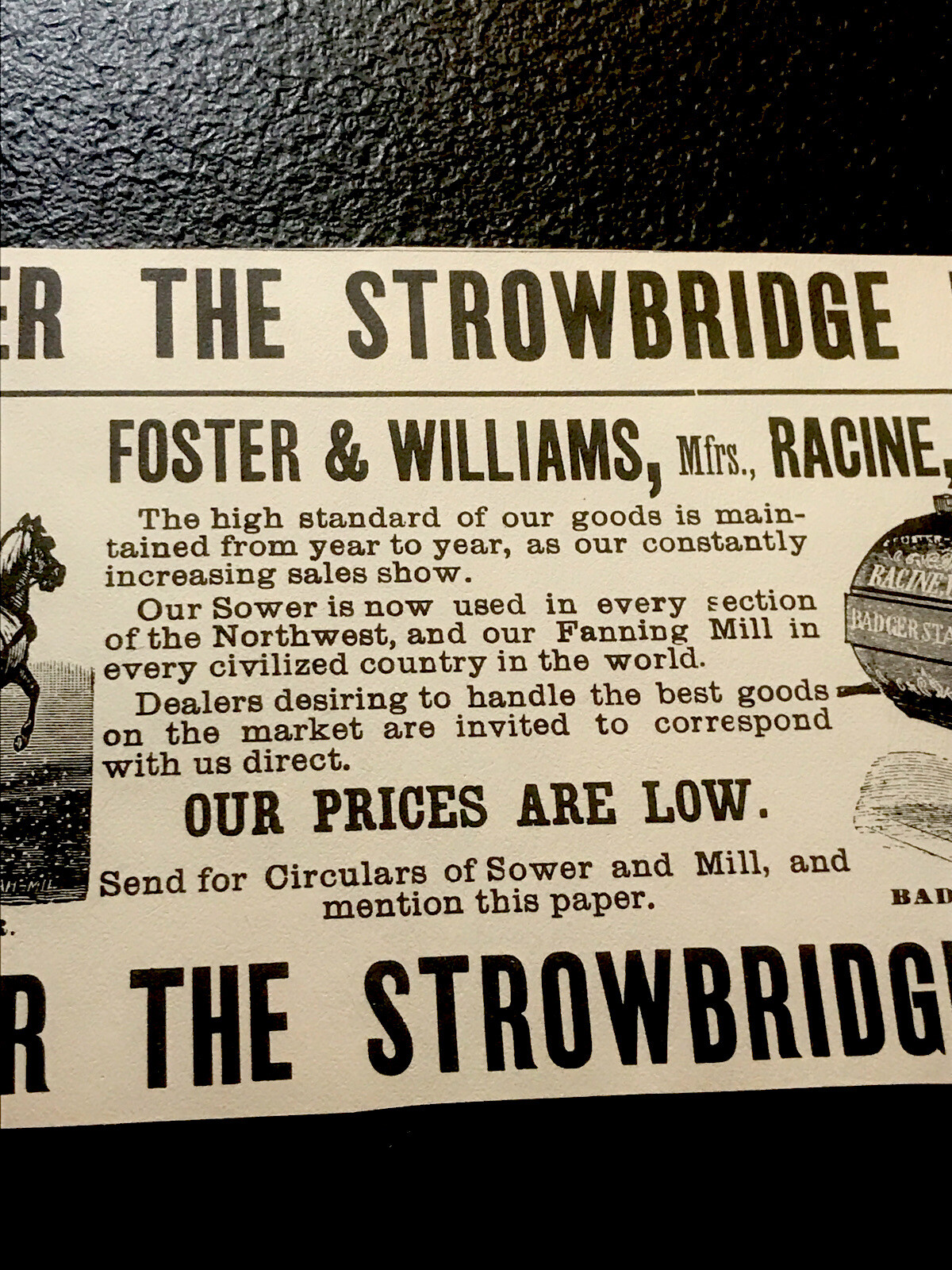 1889 Stowbridge Sower & Mills Farm Advertising – Racine – Wisconsin