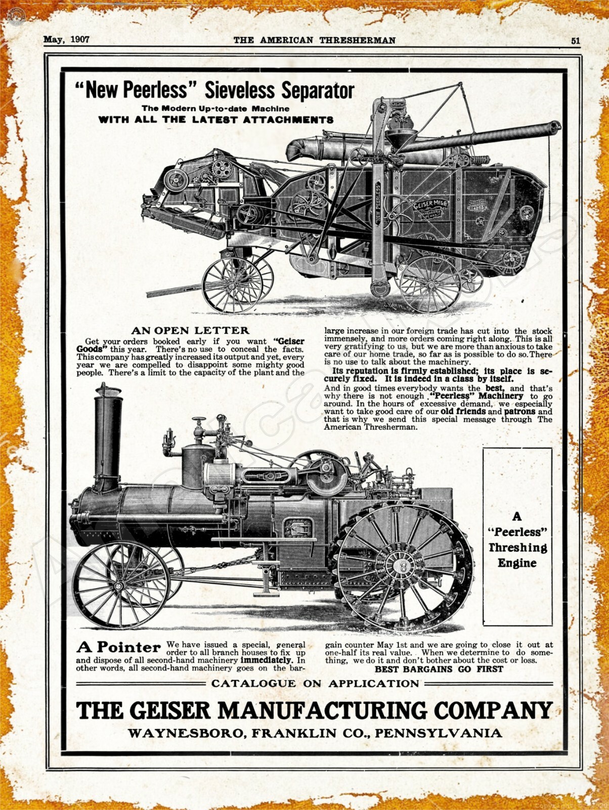 1907 Geiser Peerless Threshing Engine New Metal Sign: Waynesboro, Pennsylvania