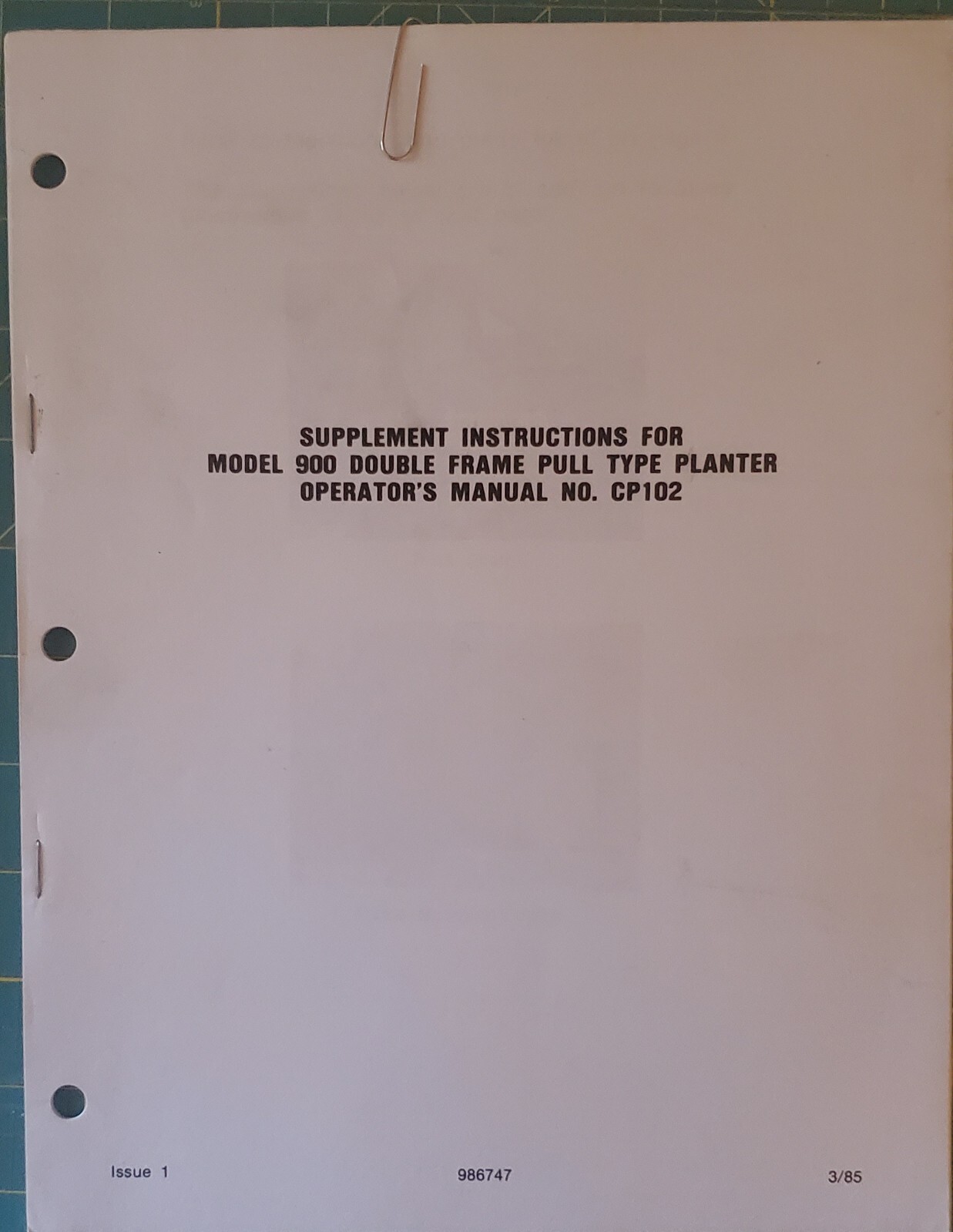 New Idea Operators Manual for Model 900 Series Single Frame Planter CP 106