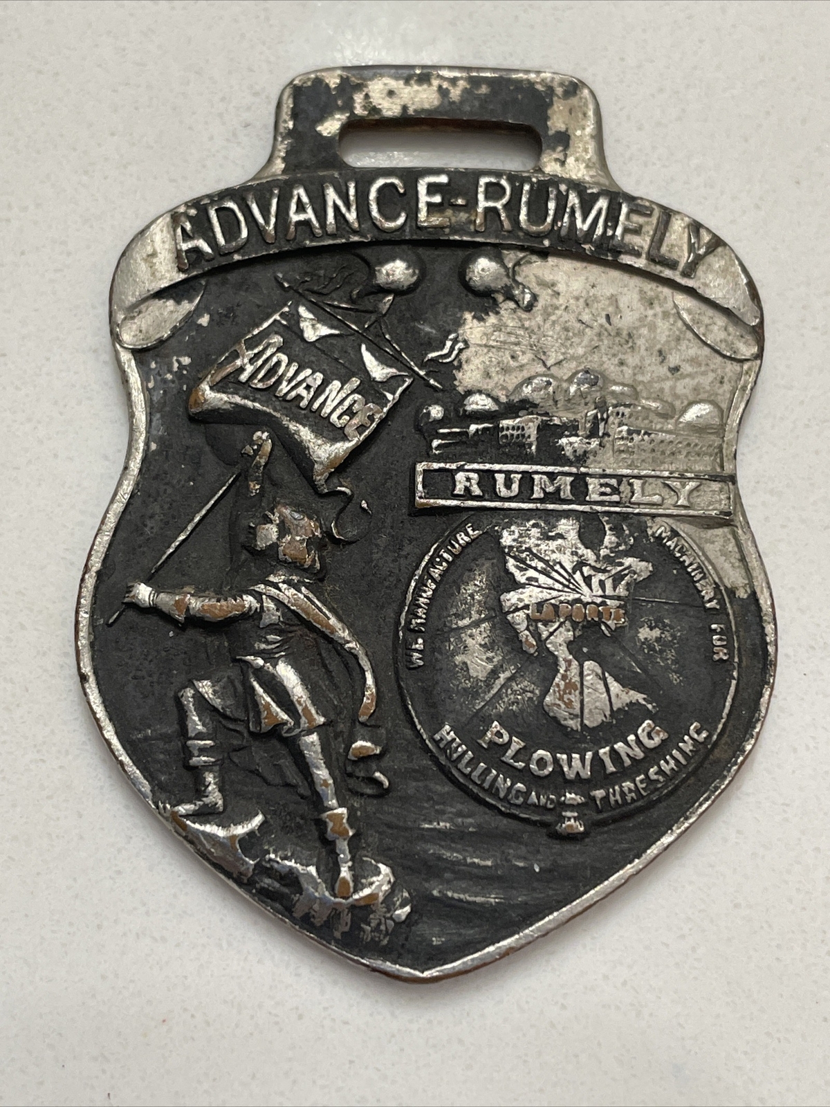 Vintage OIL PULL TRACTOR Nickel Watch Fob Advance Rumely Thresher La Porte IN