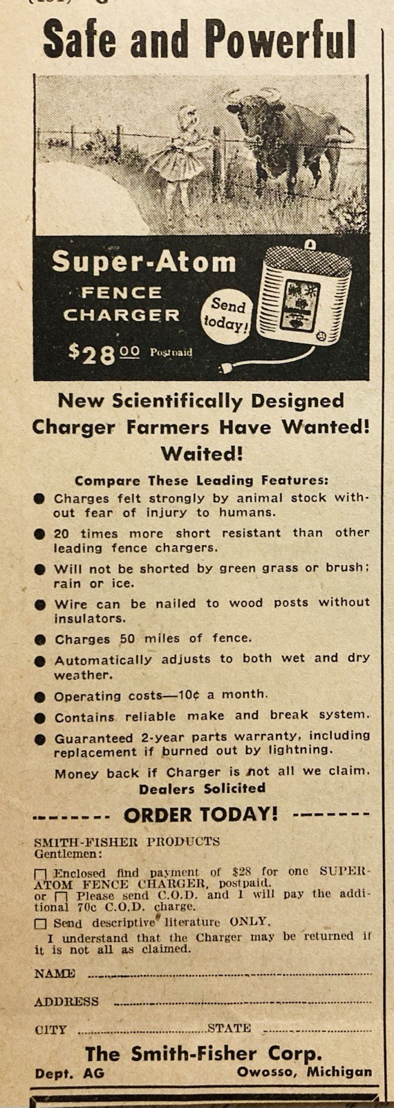 1958 AD.(XH85)~SMITH-FISHER CO. OWOSSO, MI. ELECTRIC FENCE CHARGER