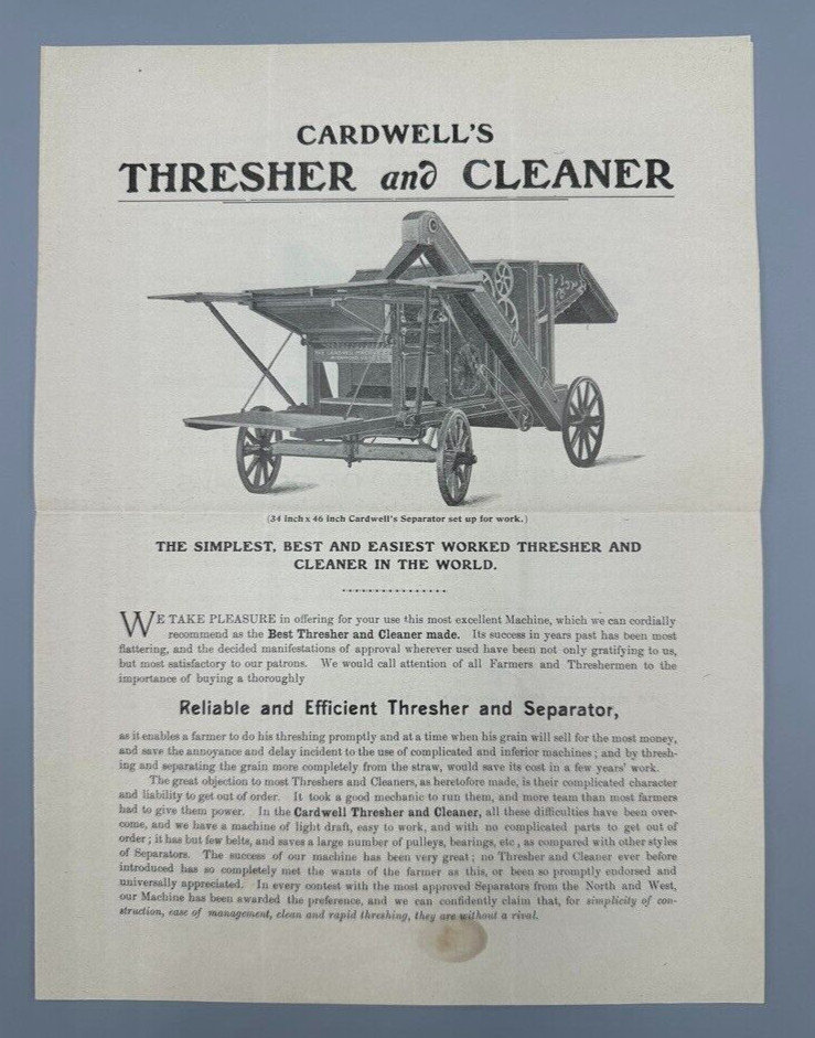 1890s CARDWELL THRESHER Farm Machine Advertising RICHMOND VIRGINIA Antique