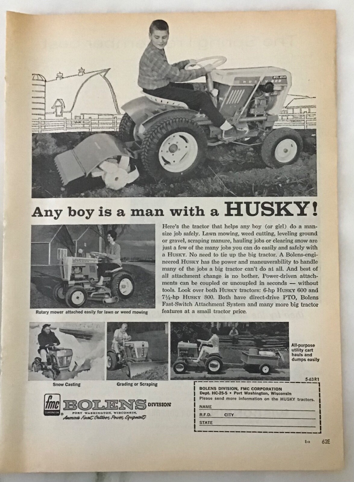 1963 magazine ad for Husky lawn mowers – Any boy is a man with a HUSKY!