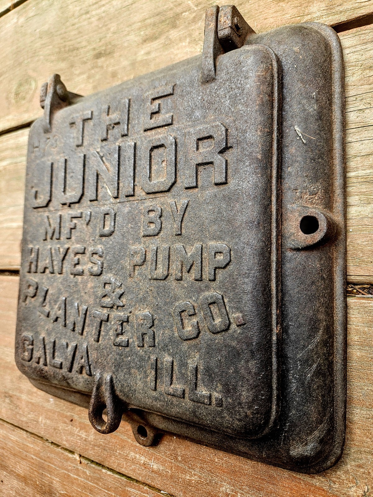 The Junior Hayes Pump Planter Cast Iron Lid for Corn Box Galva Illinois Vintage