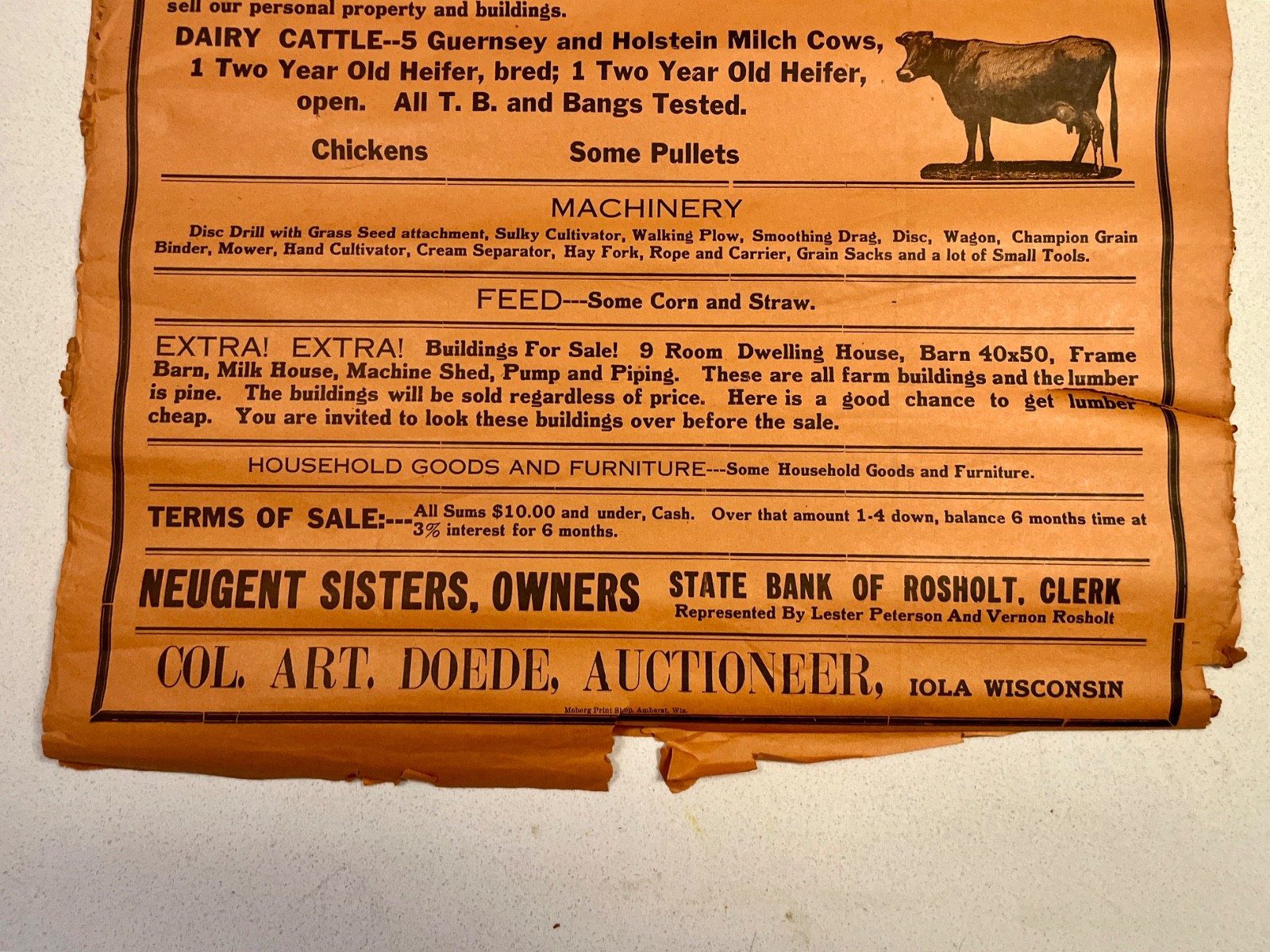 3 Antique Wisconsin Farm Auction Broadsides Neugent Sisters Stevens Point WI