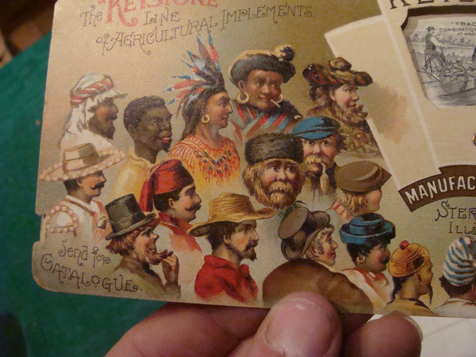 vintage Mechanical TradeCard: KEYSTONE w Farming items; UNCLE SAM showing world