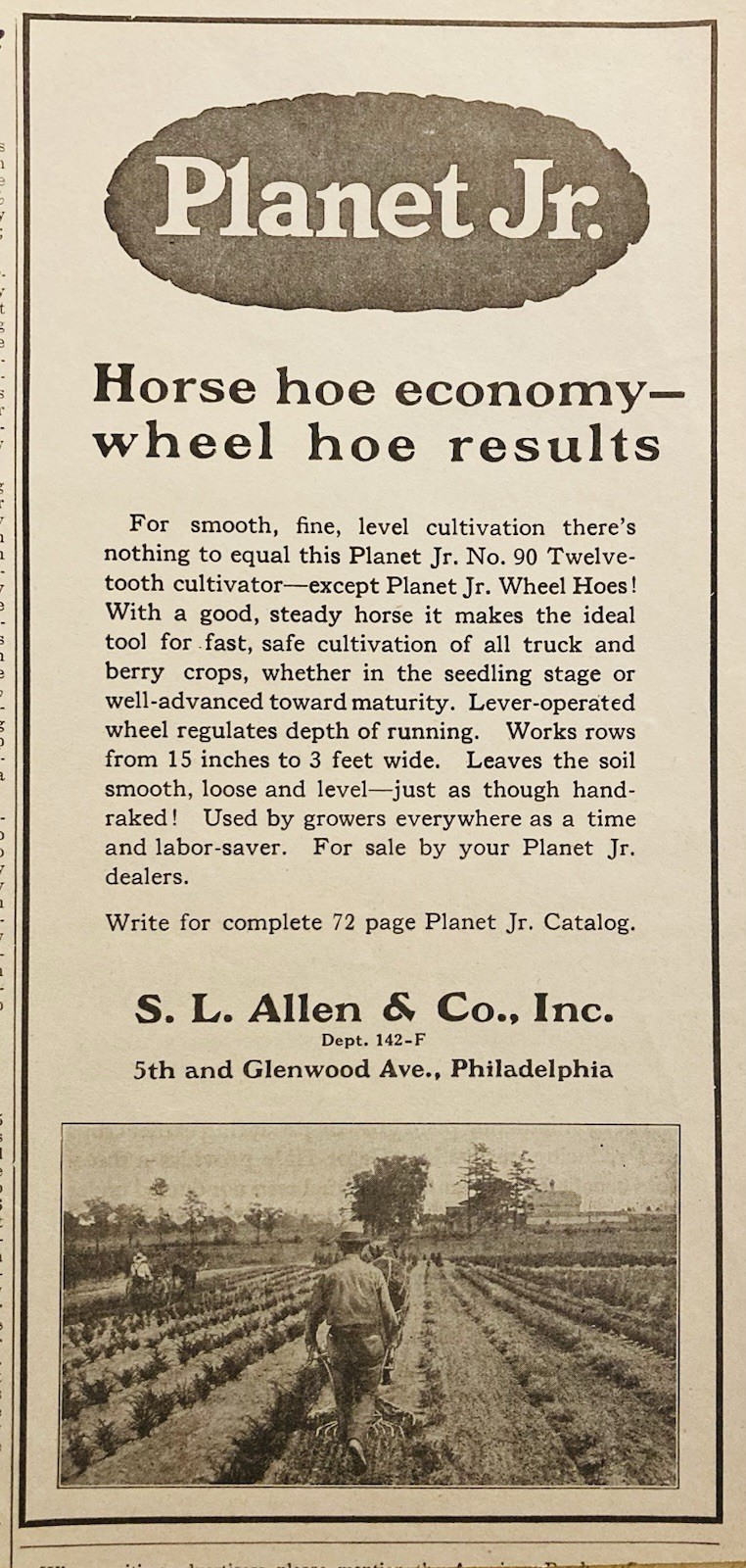 1929 AD.(XH87)~S.L. ALLEN CO. PHIL. PA. PLANET JR. NO.90 TWELVE-TOOTH CULTIVATOR