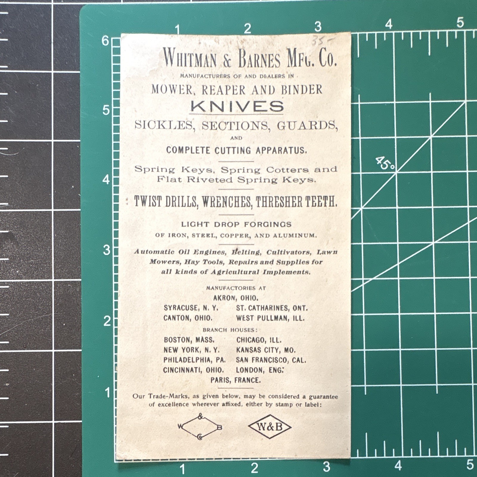 Whitman & Barnes Mfg. Co. Agriculture Trade Card Beige & Black