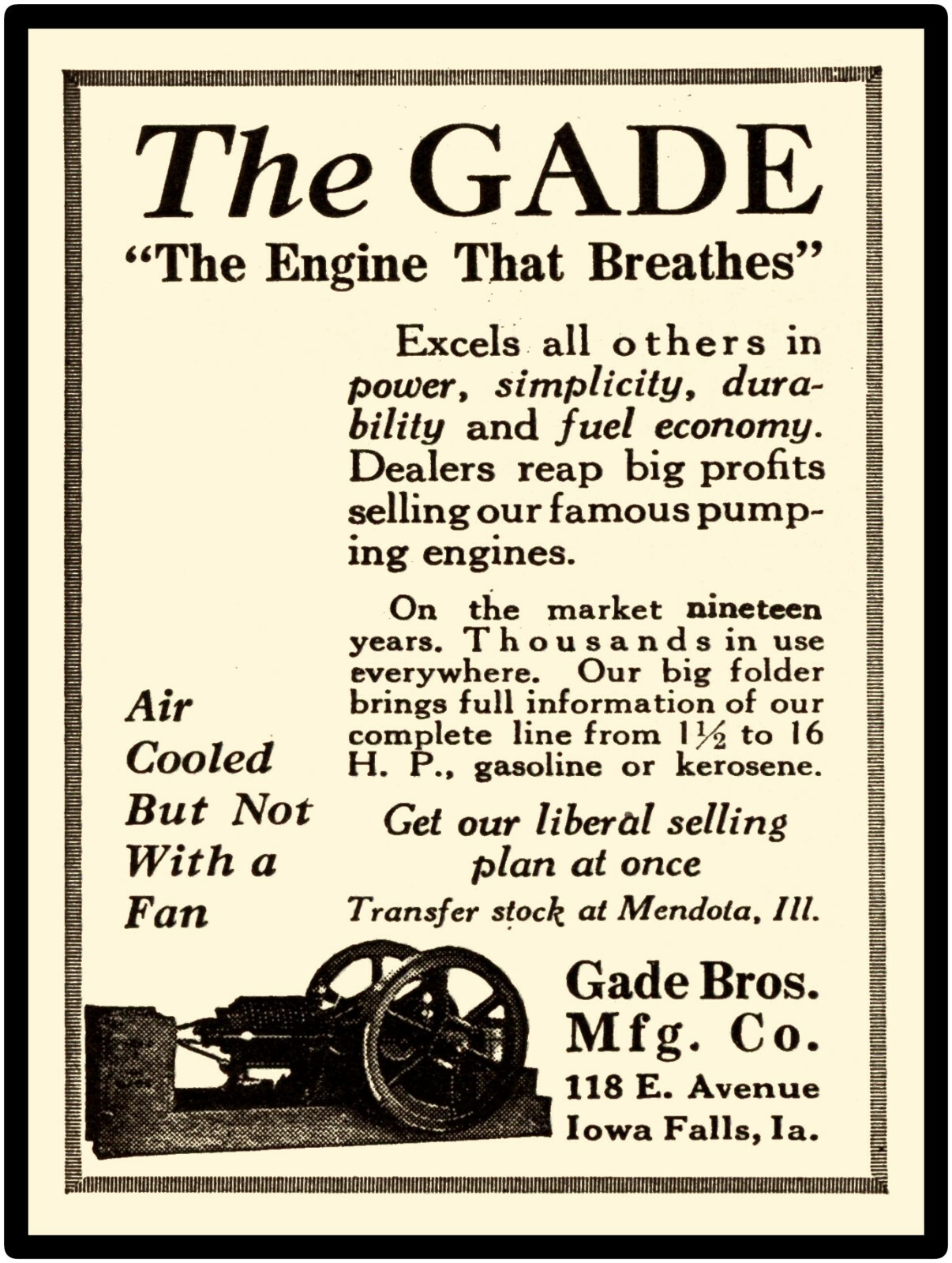 1919 Gade Brothers Engine New Metal Sign: Iowa City Iowa – Large Size
