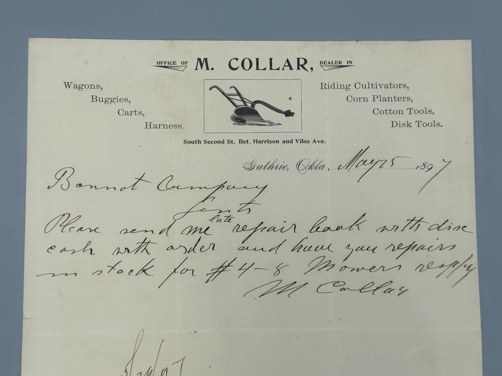 1897 COLLAR PLOW Buggies WAGONS Farm Advertising Letterhead Antique GUTHRIE OK