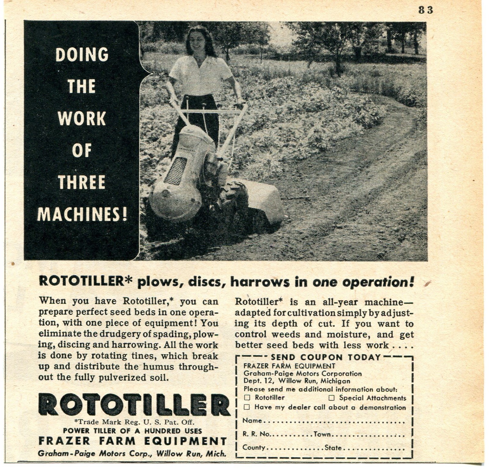 1947 small Print Ad of Frazer Farm Equipment Rototiller Cultivator Power Tiller