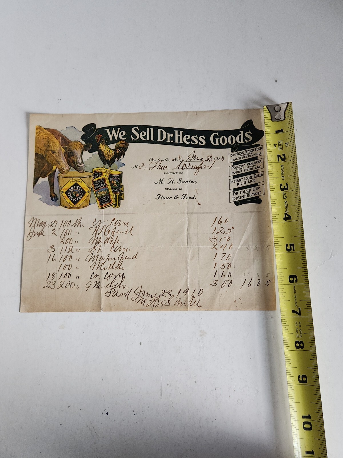 1910 Letterhead Dr. Hess Goods Flour & Feed Farming Bill of Sale Circleville NY