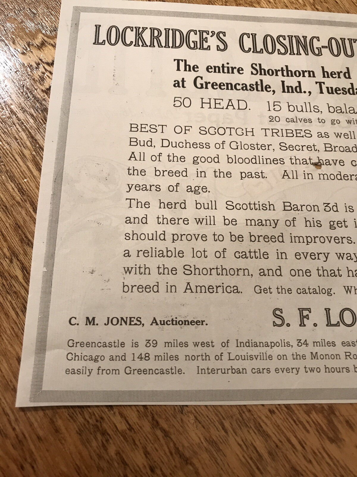 1917 Cattle Livestock Public Sale Cow – Greencastle – Indiana – Farm Advertising