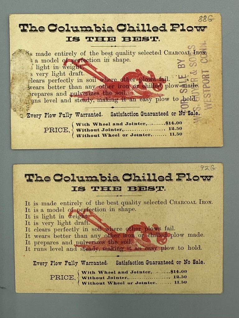 1880s Pair COLUMBIA CHILLED PLOW Horse Chickens FARM Advertising Trade Card