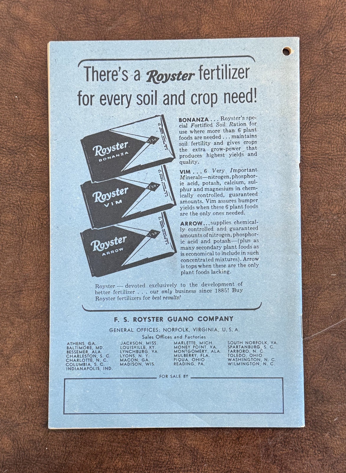 1961 Royster’s Almanac F.S. Royster Guano Co Norfolk Virginia