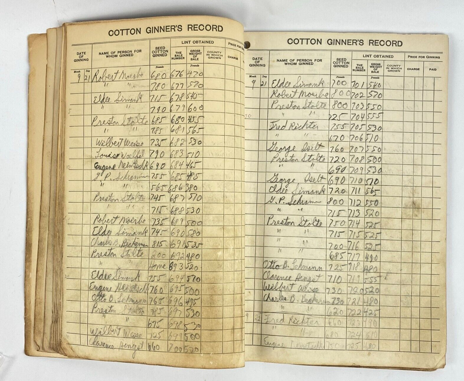 1950&rsquo;s Dept of Commerce Cotton Ginner&rsquo;s Record Book Filled Out Vintage