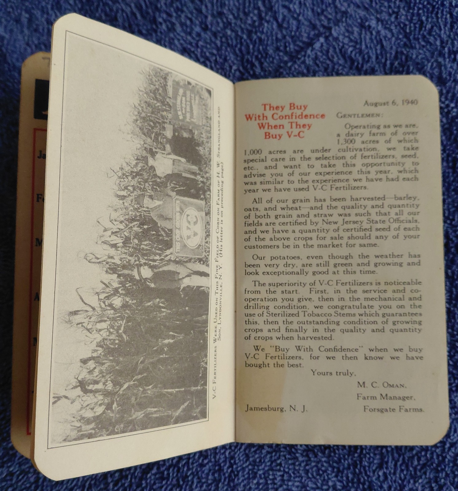 1940s VC Fertilizers Farmer&rsquo;s Pocket Ledger • Virginia‑Carolina Chemical Corp