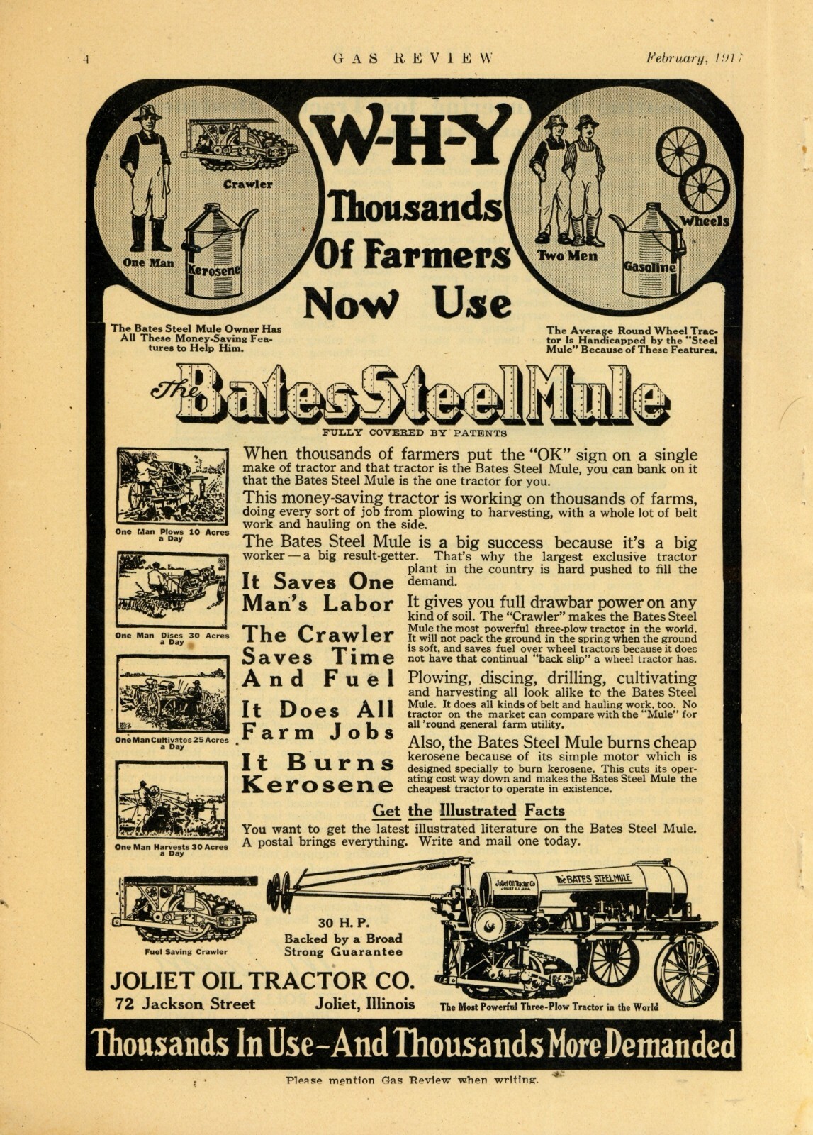 1917 Joliet Oil Tractor Co. Ad: Bates Steel Mule Pics – Joliet, Illinois
