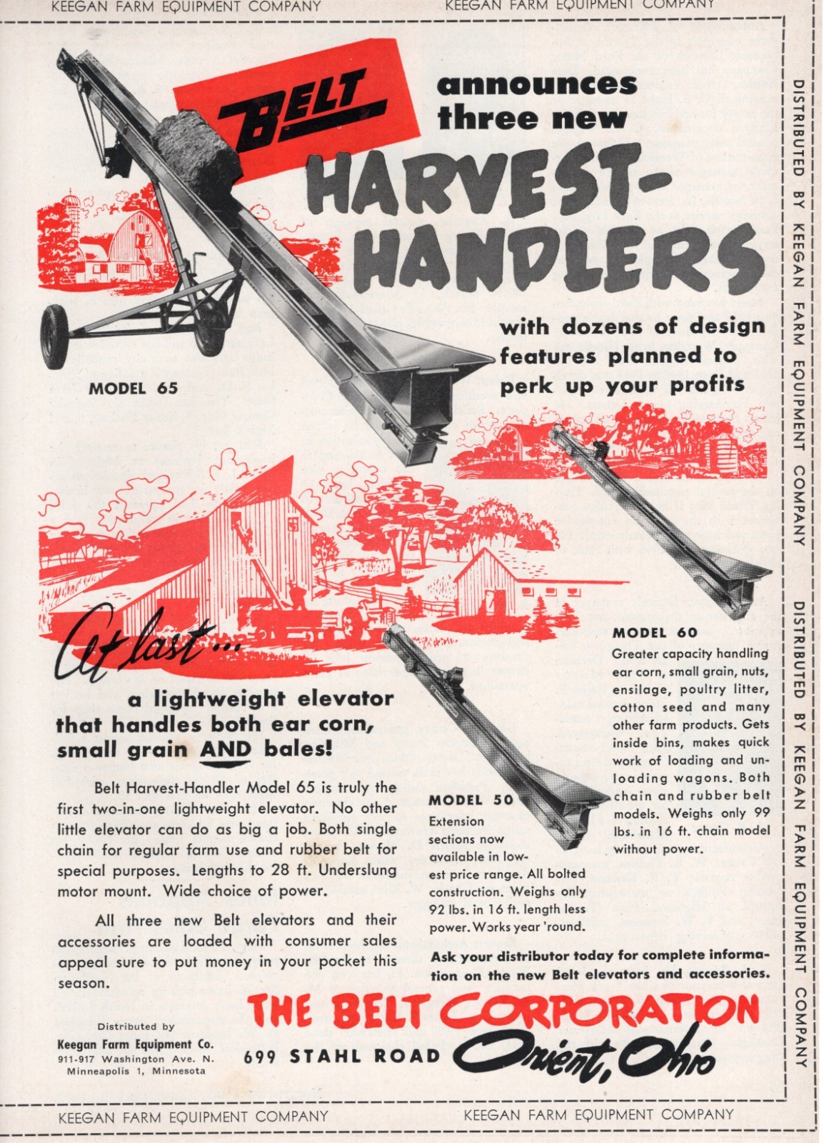 1954 Dealer Print Ad of Keegan Belt Harvest Handler Model 65 60 50 Elevator