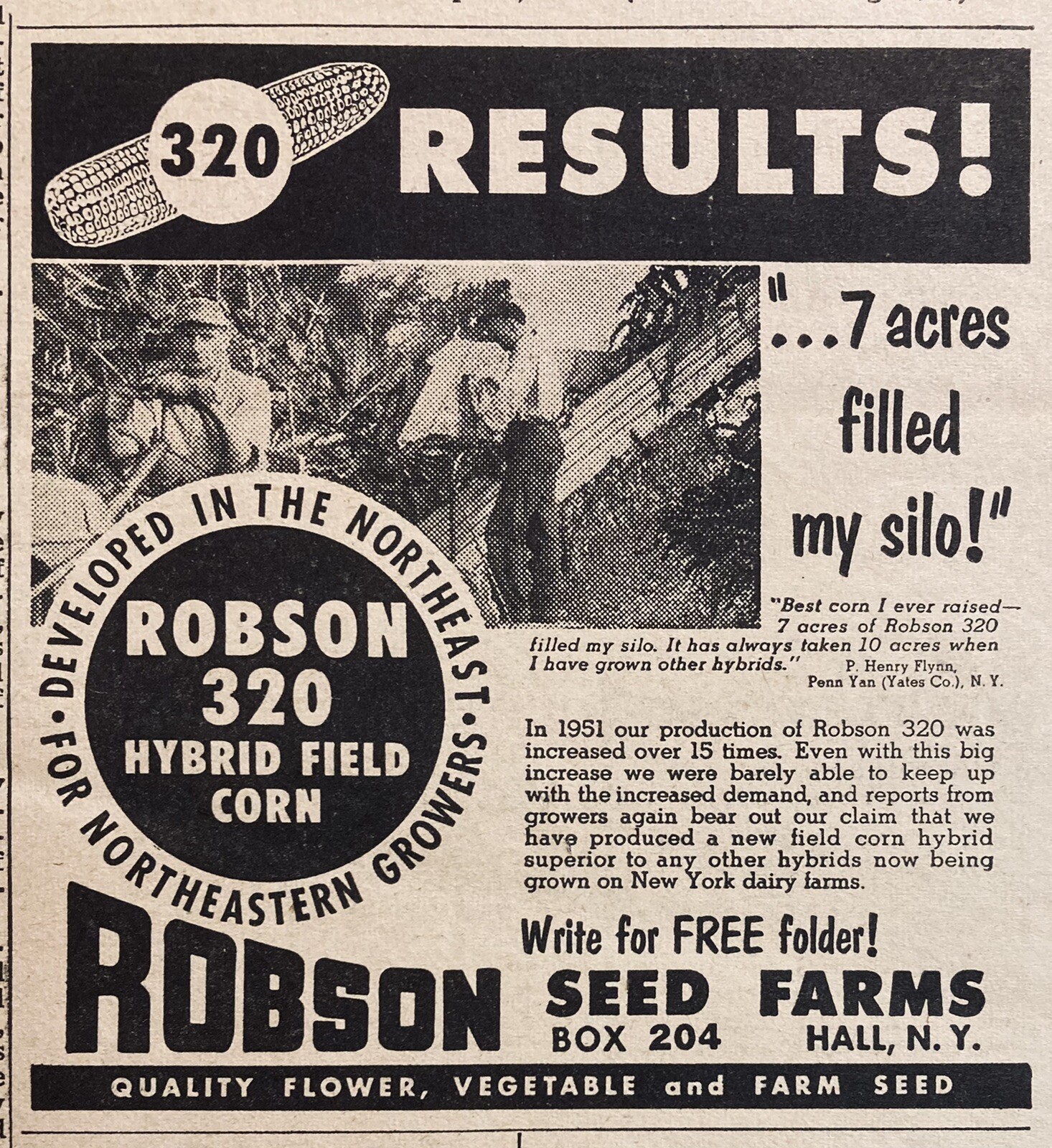 1951 AD.(XH59)~ROBSON SEED FARMS, HALL, NY. ROBSON 320 HYBRID FIELD CORN