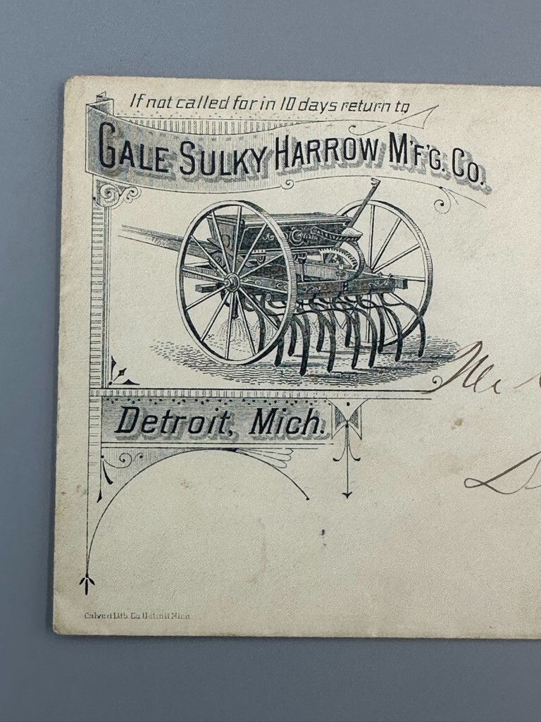1884 GALE SULKY HARROW Advertise Illustrated POSTAL COVER Farm Machinery DETROIT