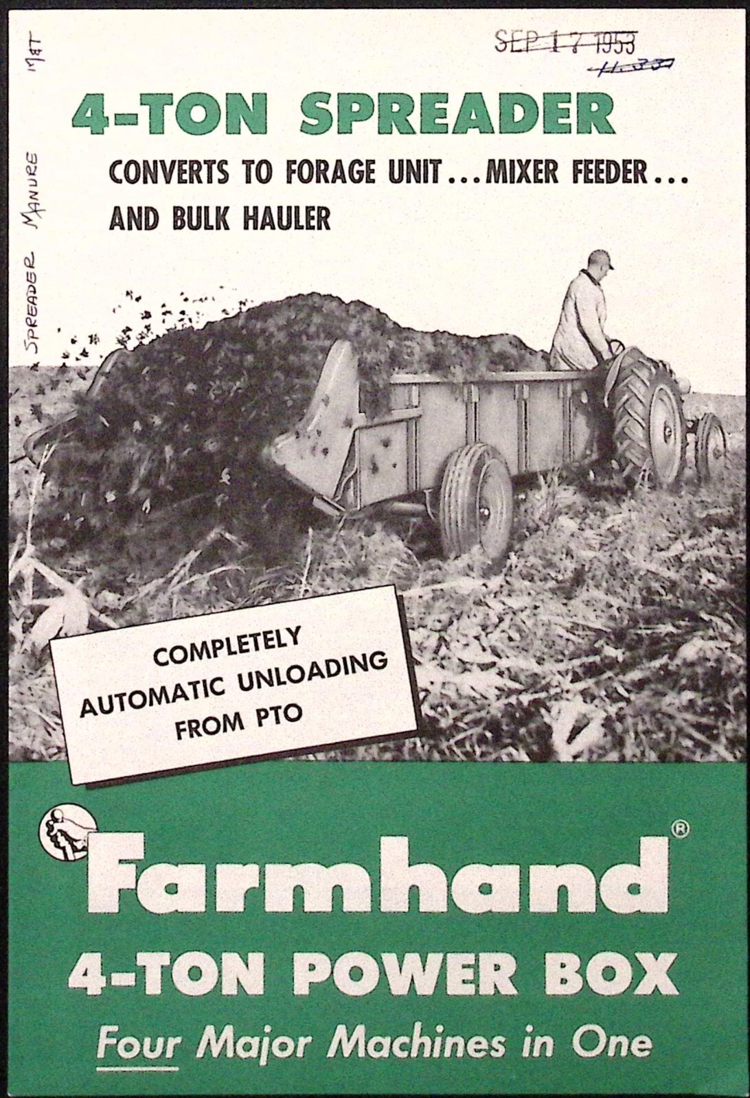 1953 Farmhand 4 Ton Power Box Spreader Forage unit Mixer Feeder Brochure