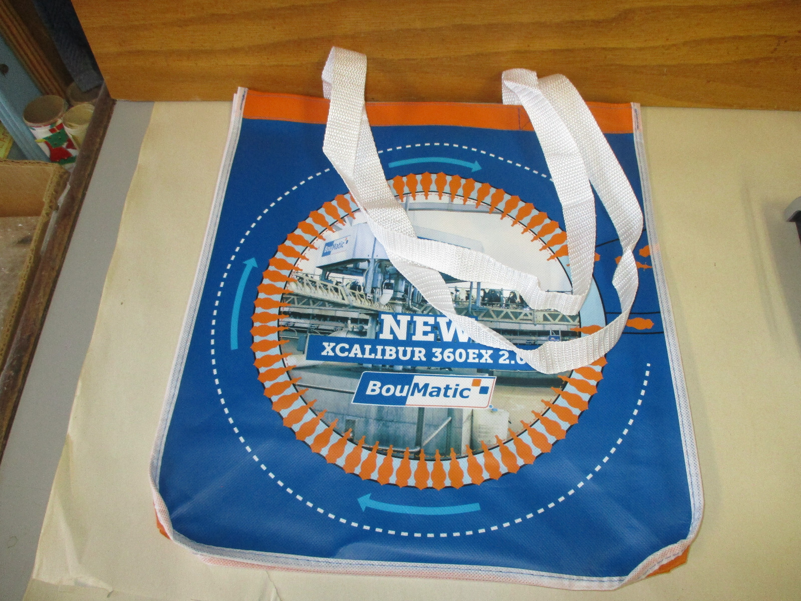 2 BOUMATIC DAIRY Shopping Bag Lot 13.5&Prime;x13.75&Prime; (Orange/Blue) XCALIBUR 360EX 2.0