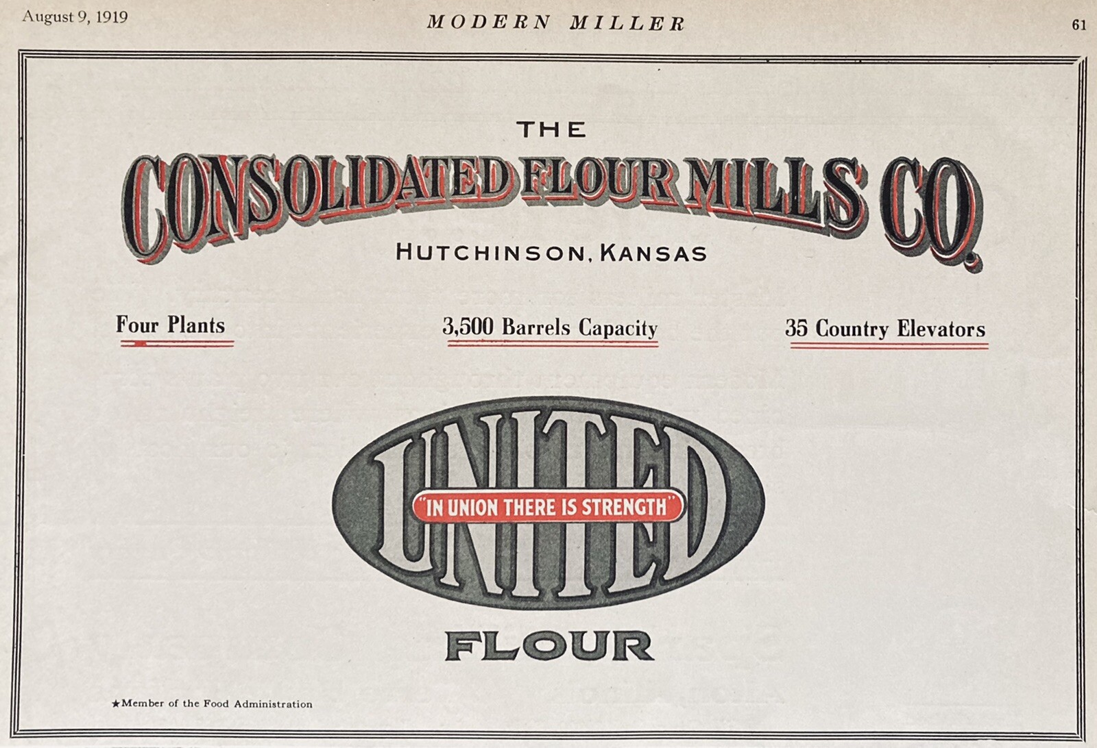 1919 AD.(XH32)~CONSOLIDATED FLOUR MILLS CO. HUTCHINSON, KS. UNITED BRAND FLOUR