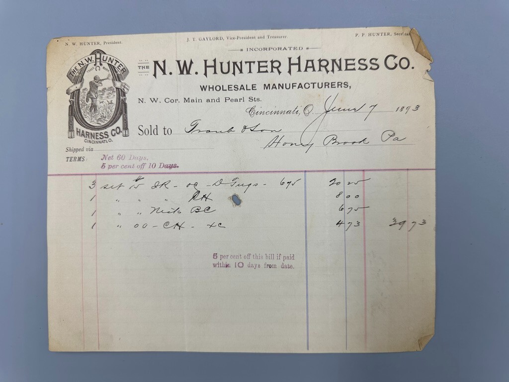 1893 N W HUNTER HARNESS Co HORSE Billhead FARM Advertising CINCINNATI Ohio
