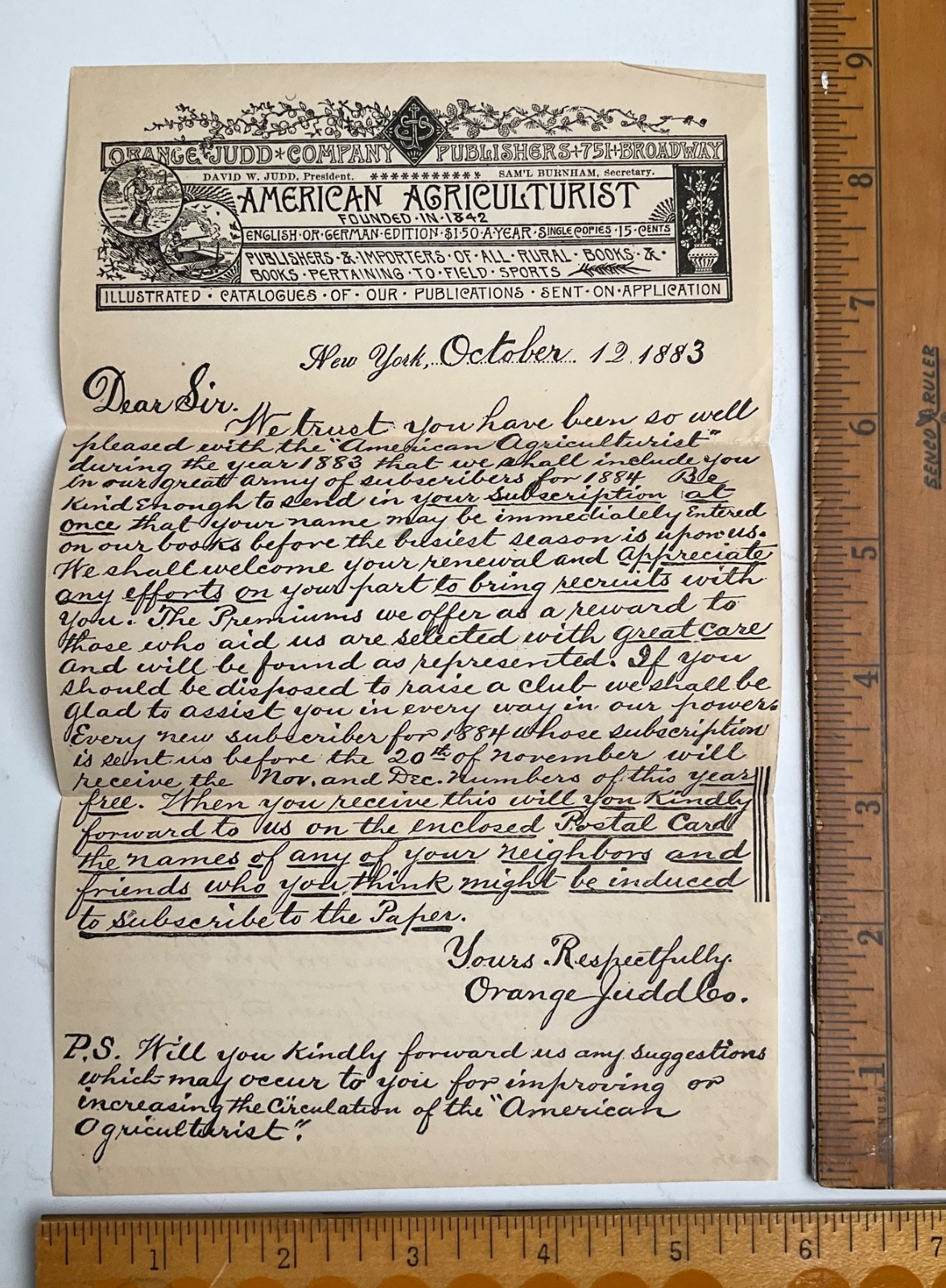 1883 American Agriculturist Orange Judd Advertising Mailer Return Card Cover WOW