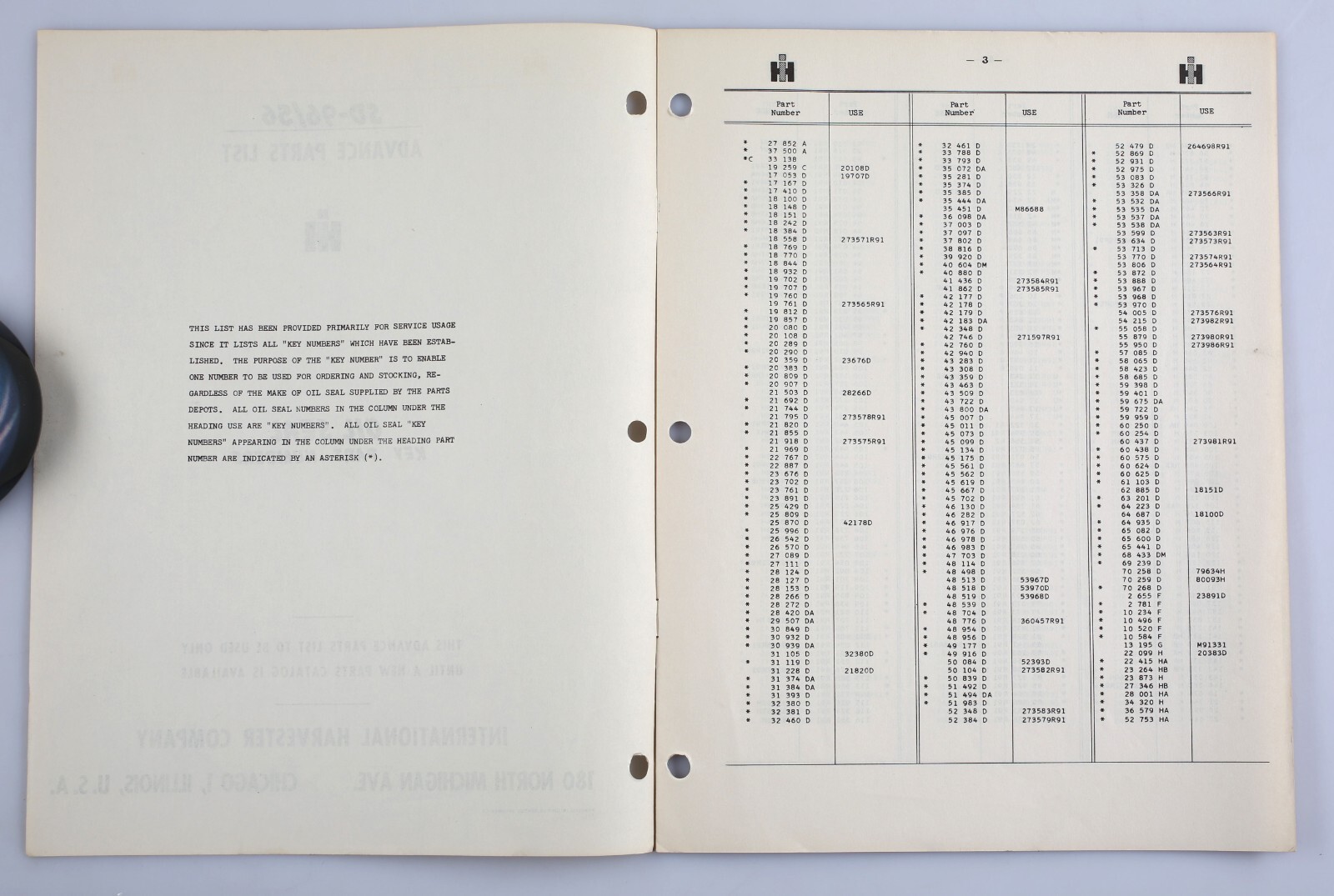 Vintage 1956 International Harvester SD-96/56 Advance Parts List 8 Pages