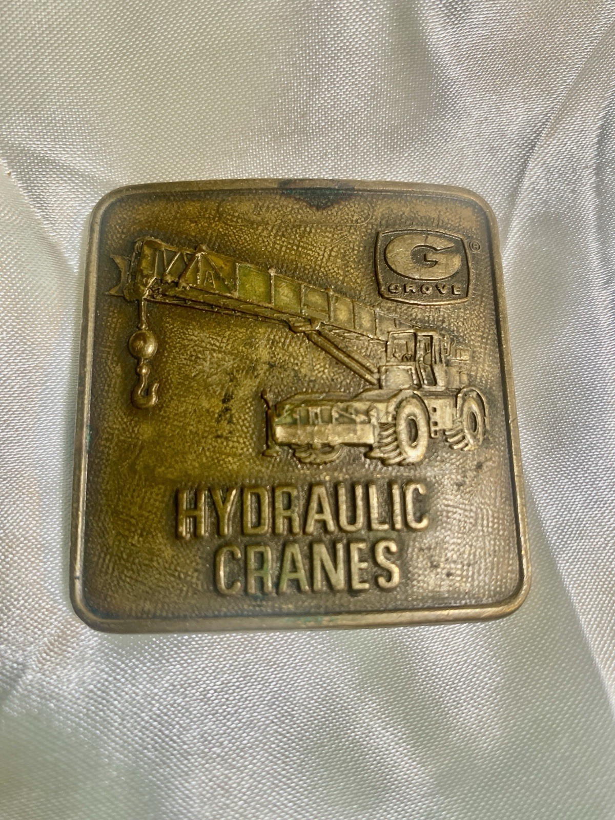 VINTAGE GROVE HYDRAULIC CRANES Brass Belt Buckle ADVERTISING