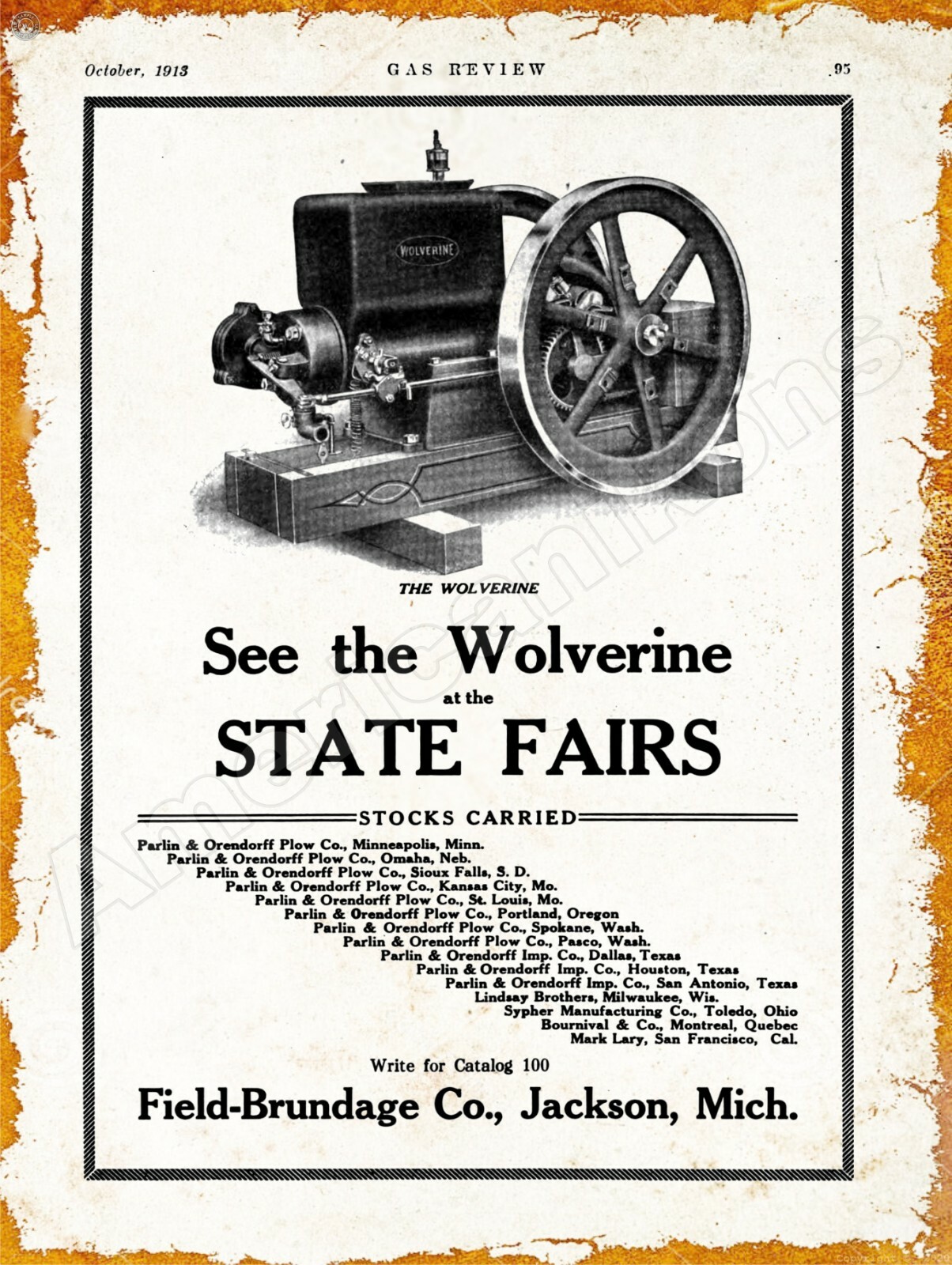 1913 Field-Brundage Wolverine Gas Engine New Metal Sign: Large Size – 12 x 16