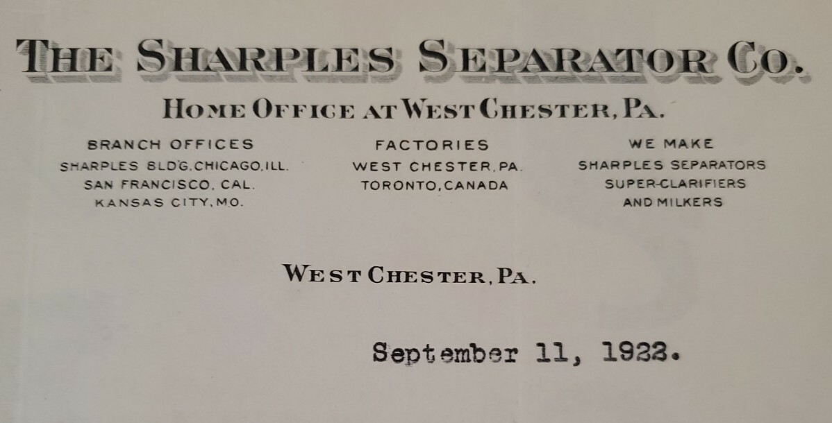 Vintage 1922 Sharples Milk Skimmer Separator for Farmers Company Sales Letter
