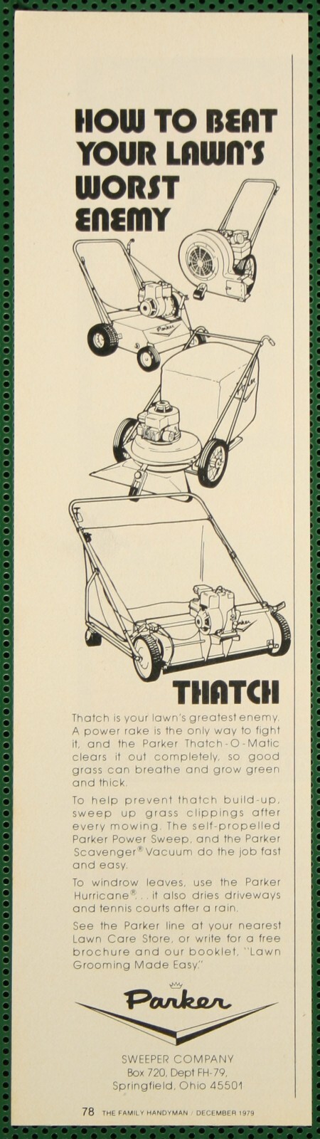 Parker Thatch-O-Matic Power Sweep Scavenger Vacuum Vintage Print Ad 1979