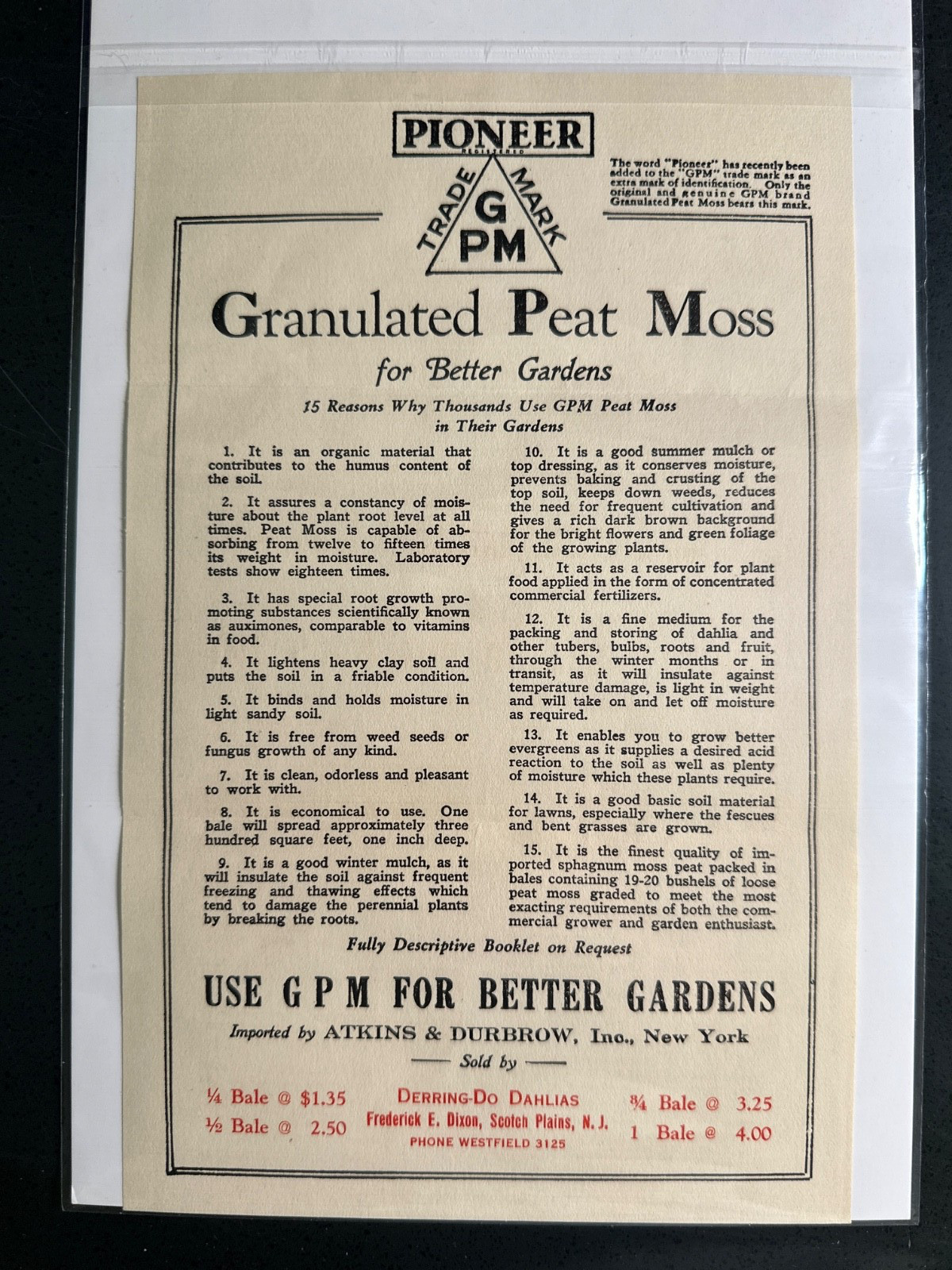 1930 Pioneer Granulated Peat Moss advertisement – Scotch Plains, NJ – MINT
