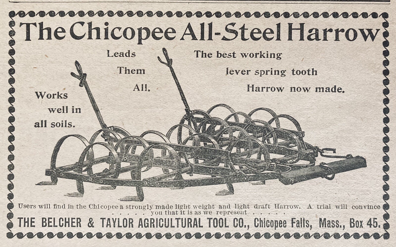 1896 AD(XH45)~BELCHER & TAYLOR AG. TOOL CO. CHICOPEE FALLS, MA. ALL-STEEL HARROW