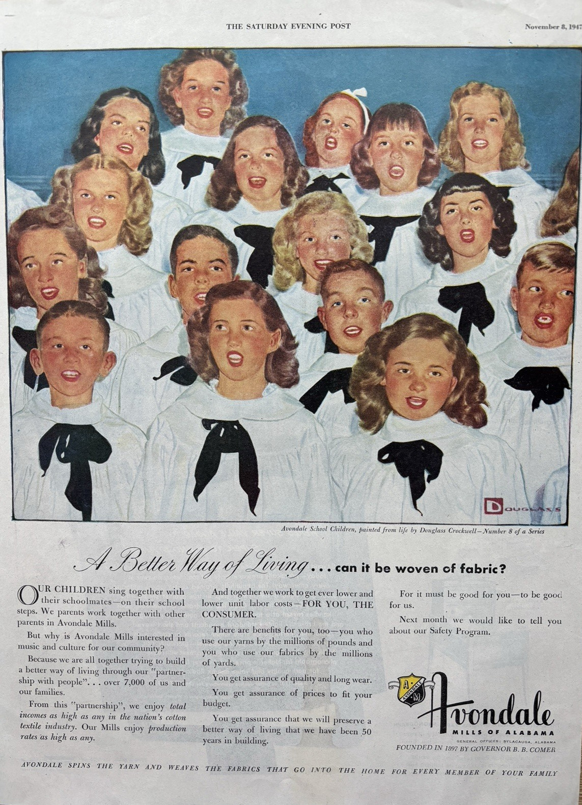1947 Avondale Mills Alabama Sylacauga School children Crockwell VTG Print Ad