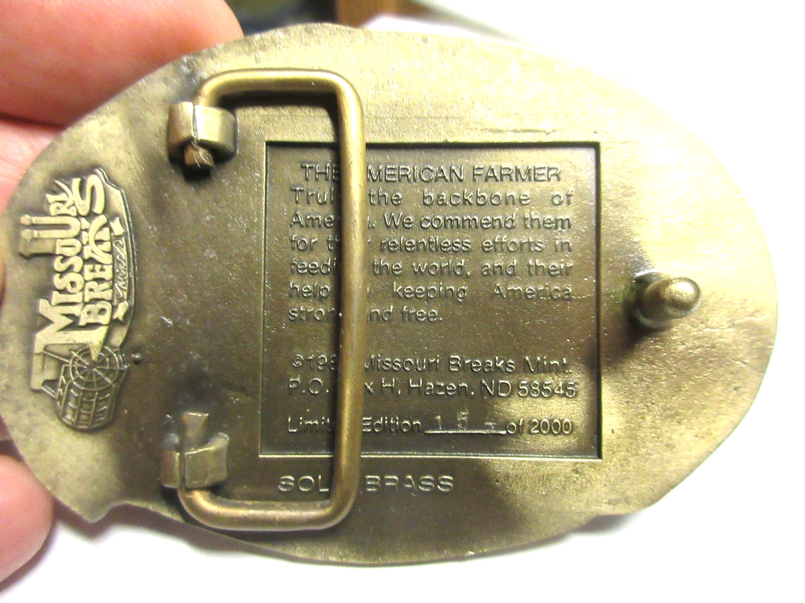 solid brass 1983 American Farming We Feed the World, belt buckle Missouri Breaks
