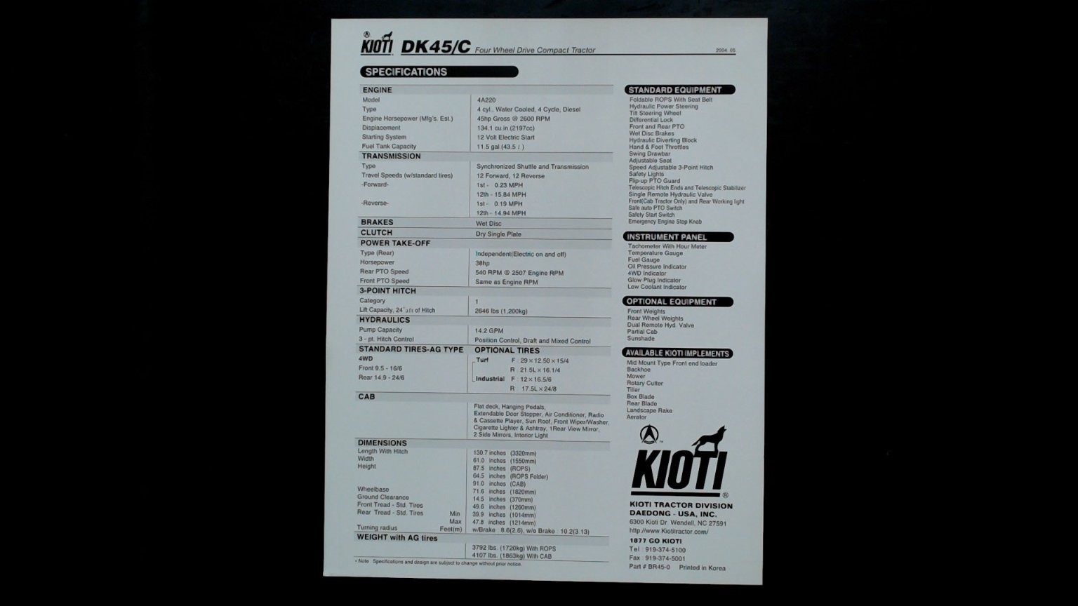 Kioti 45HP Tractor DK45/C Agricultural Brochure 2004 Four Wheel Drive