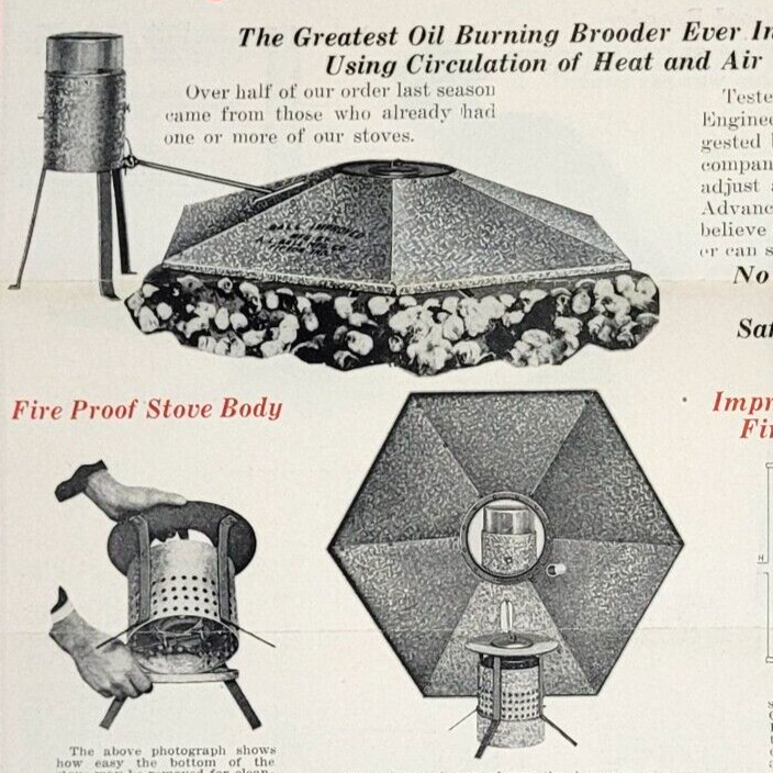 c.1920 Advance Manufacturing Poultry Farm Brooder Stove Ad Flyers Tipton Indiana