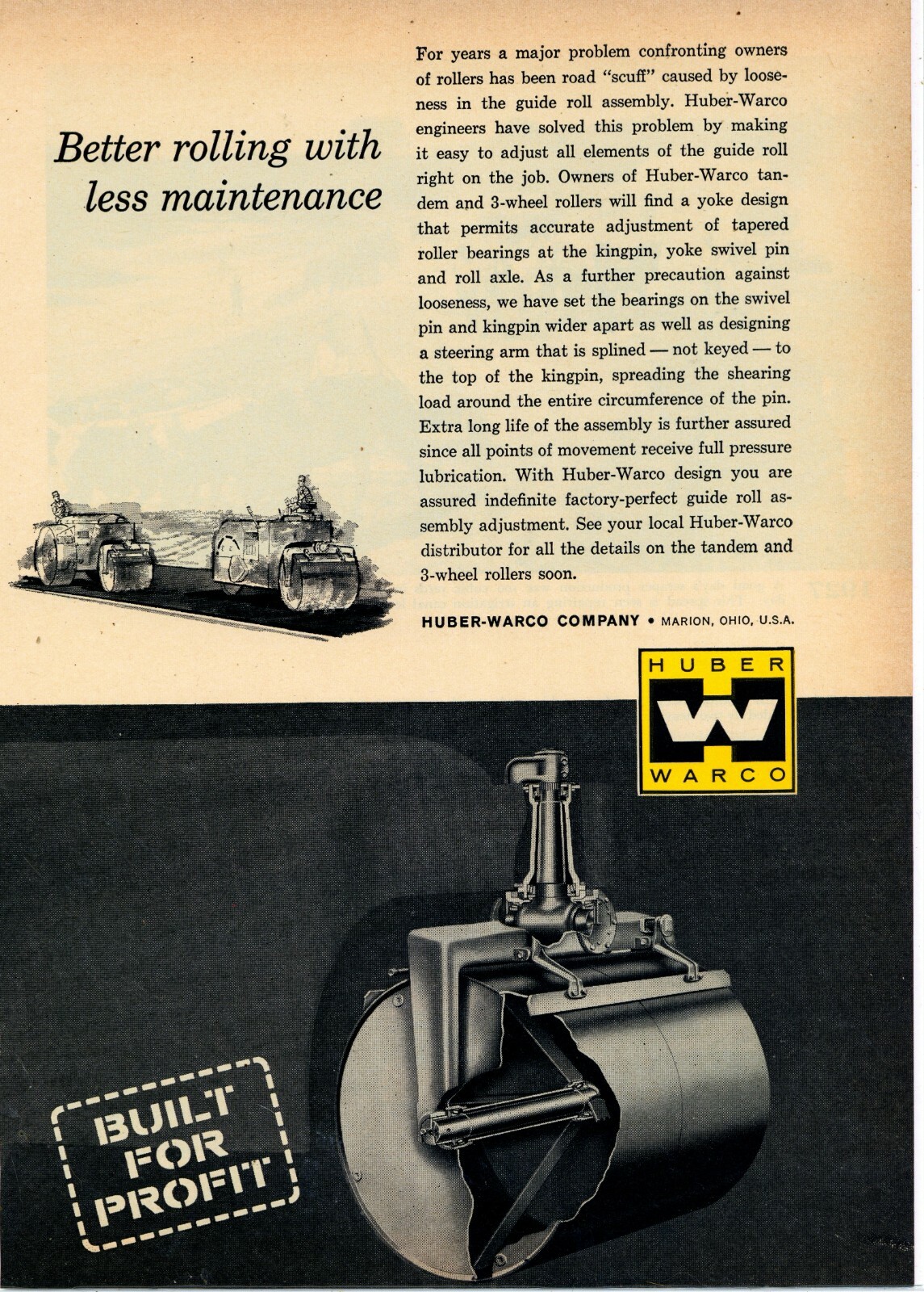 1961 Huber Warco Ad: Tandem & 3 Wheel Road Rollers – Marion, OhiO