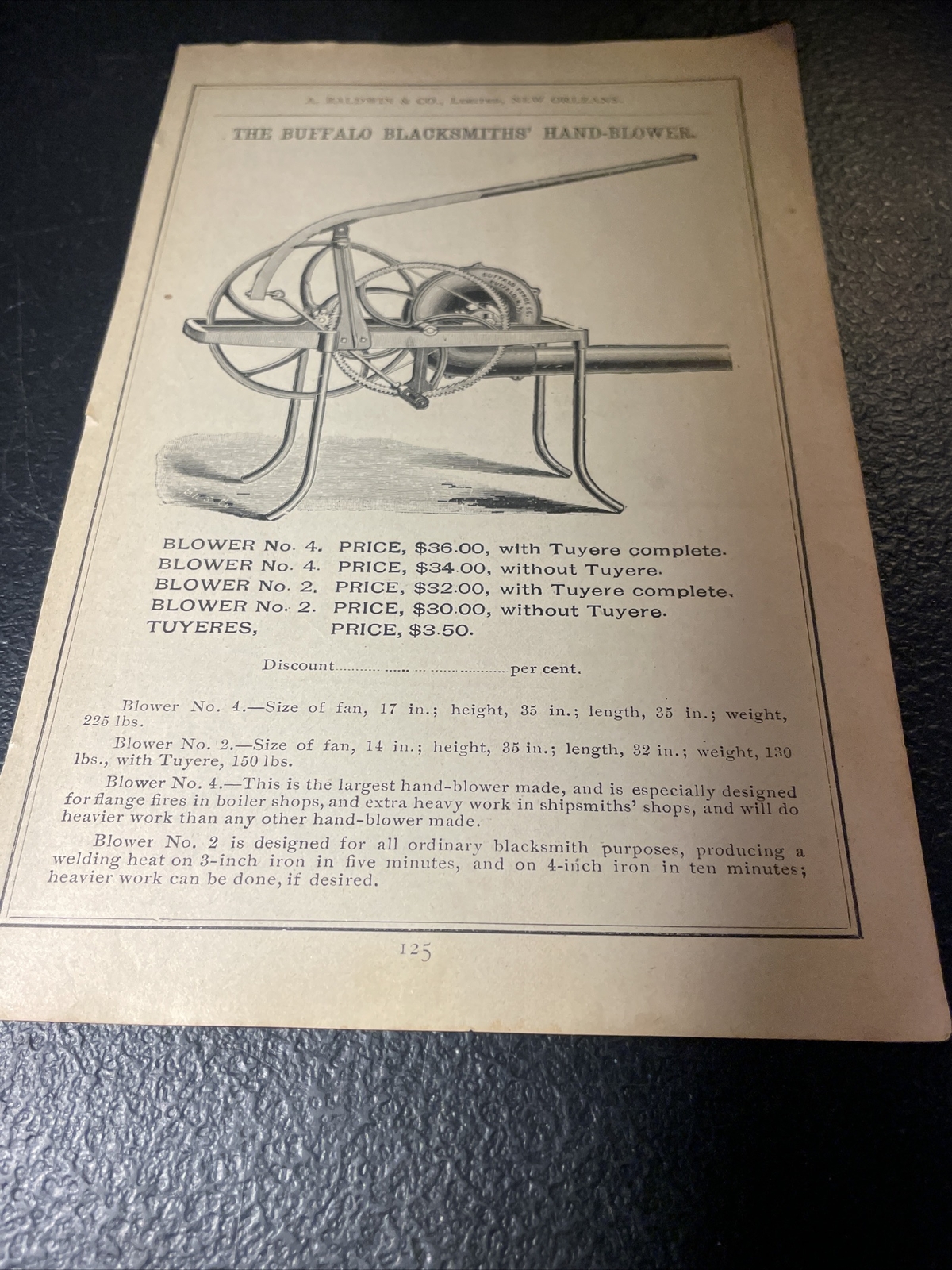 1891 Baldwin – Blacksmith Buffalo Hand Blower – Farm Advertising – New Orleans