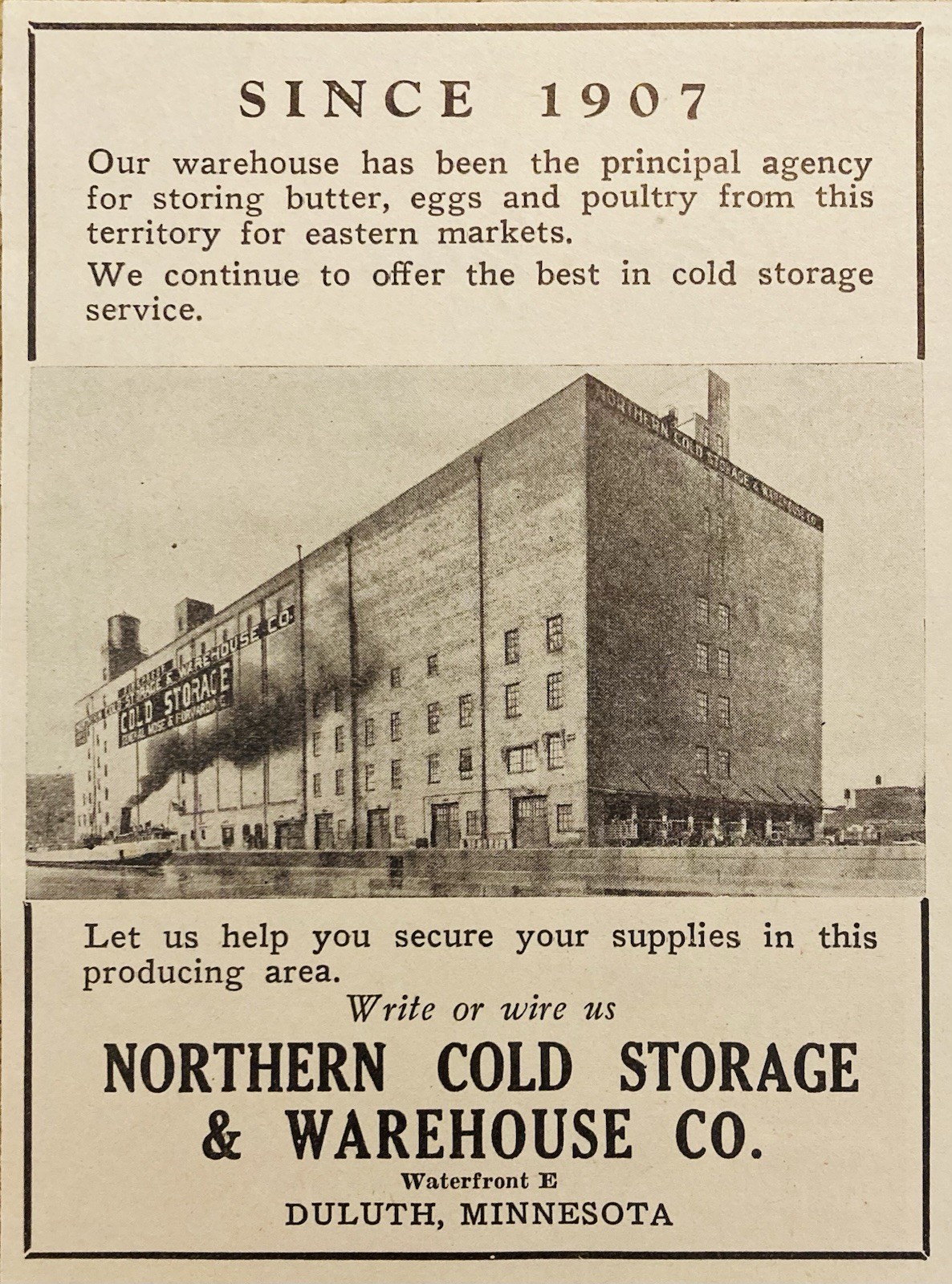 1946 AD.(XH85)~NORTHERN COLD STORAGE WAREHOUSE CO. DULUTH, MINN. BUTTER & EGGS