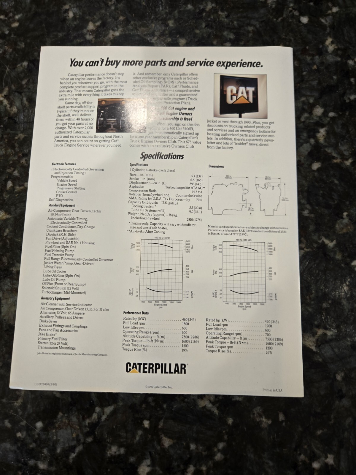 Caterpillar CAT 3406B 460hp Brochure Manual 1990 Engine Collection
