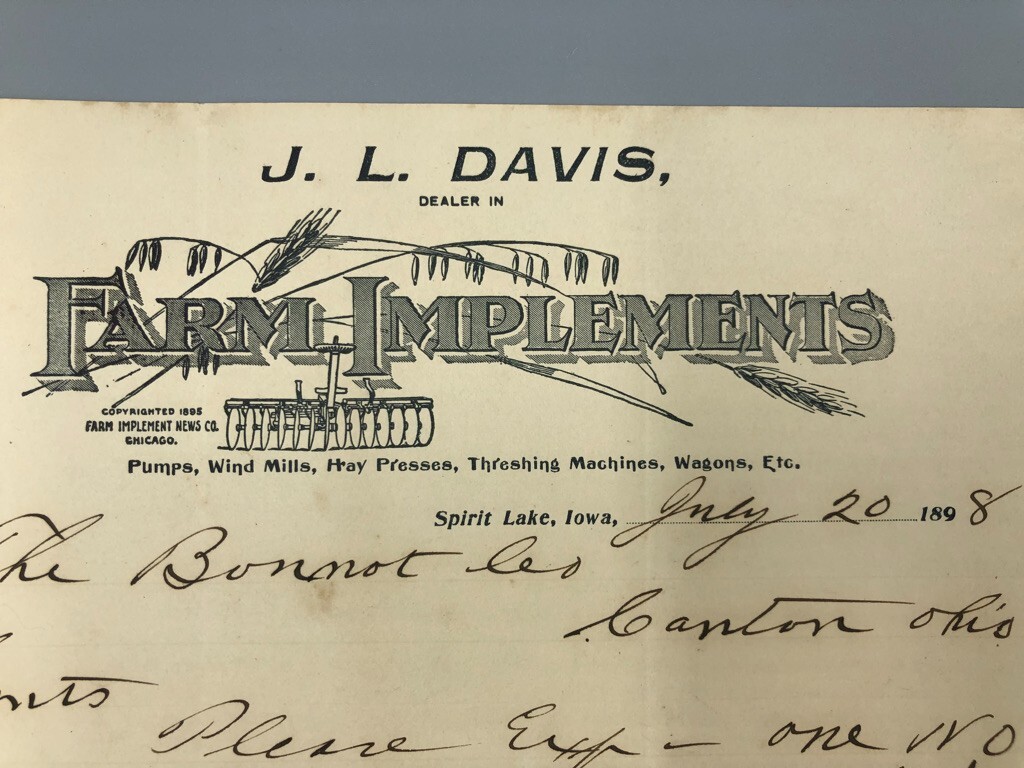 1898 Davis THRESHING Machines SPIRIT LAKE IOWA Antique FARM Letter Advertising