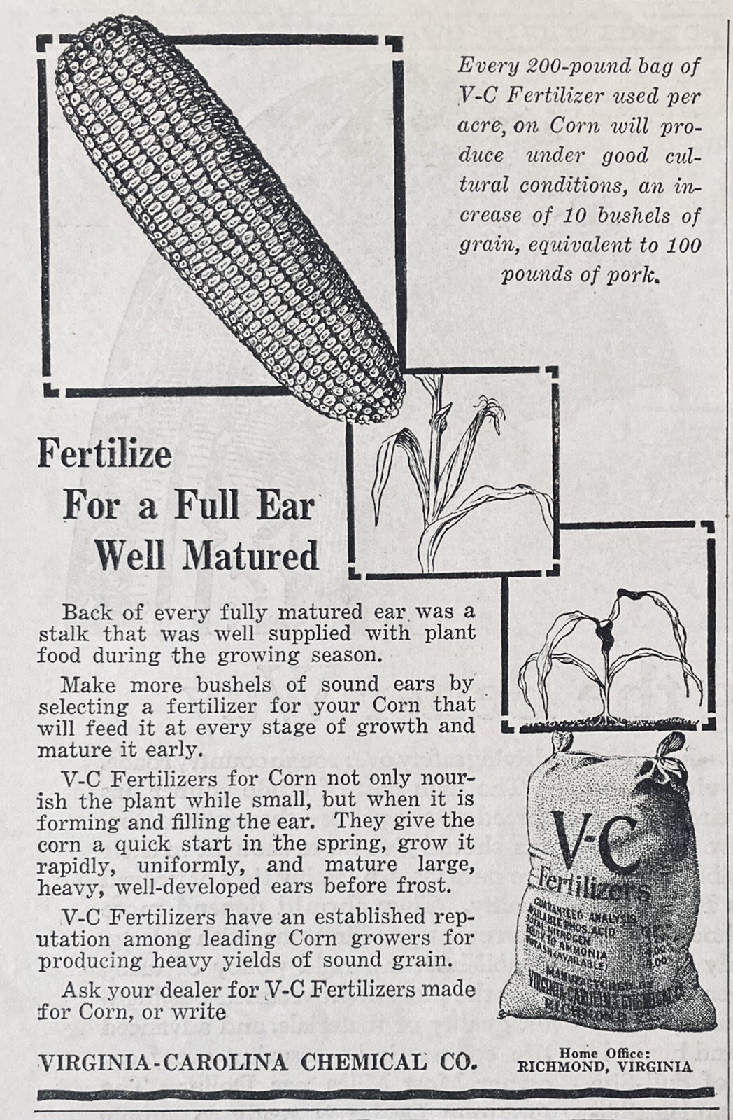 1926 AD.(XG24)~VIRGINIA-CAROLINA CHEMICAL CO. RICHMOND, VA. V-C CORN FERTILIZER