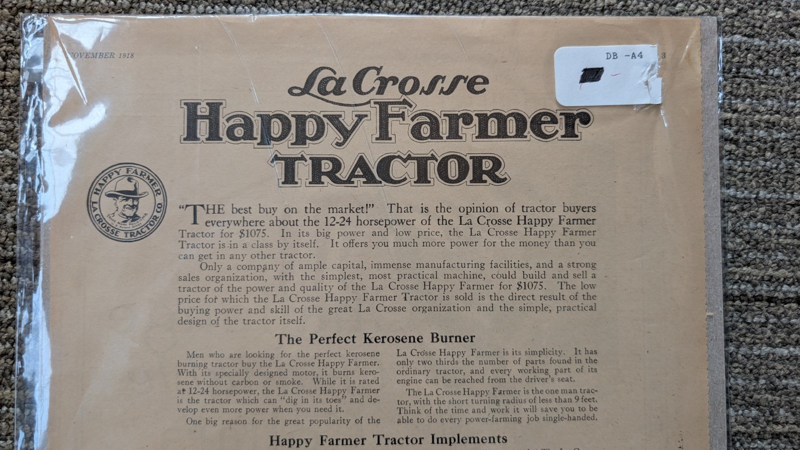 1917 La Crosse Tractor Ad: The Happy Farmer Tractor – La Crosse, Wisconsin