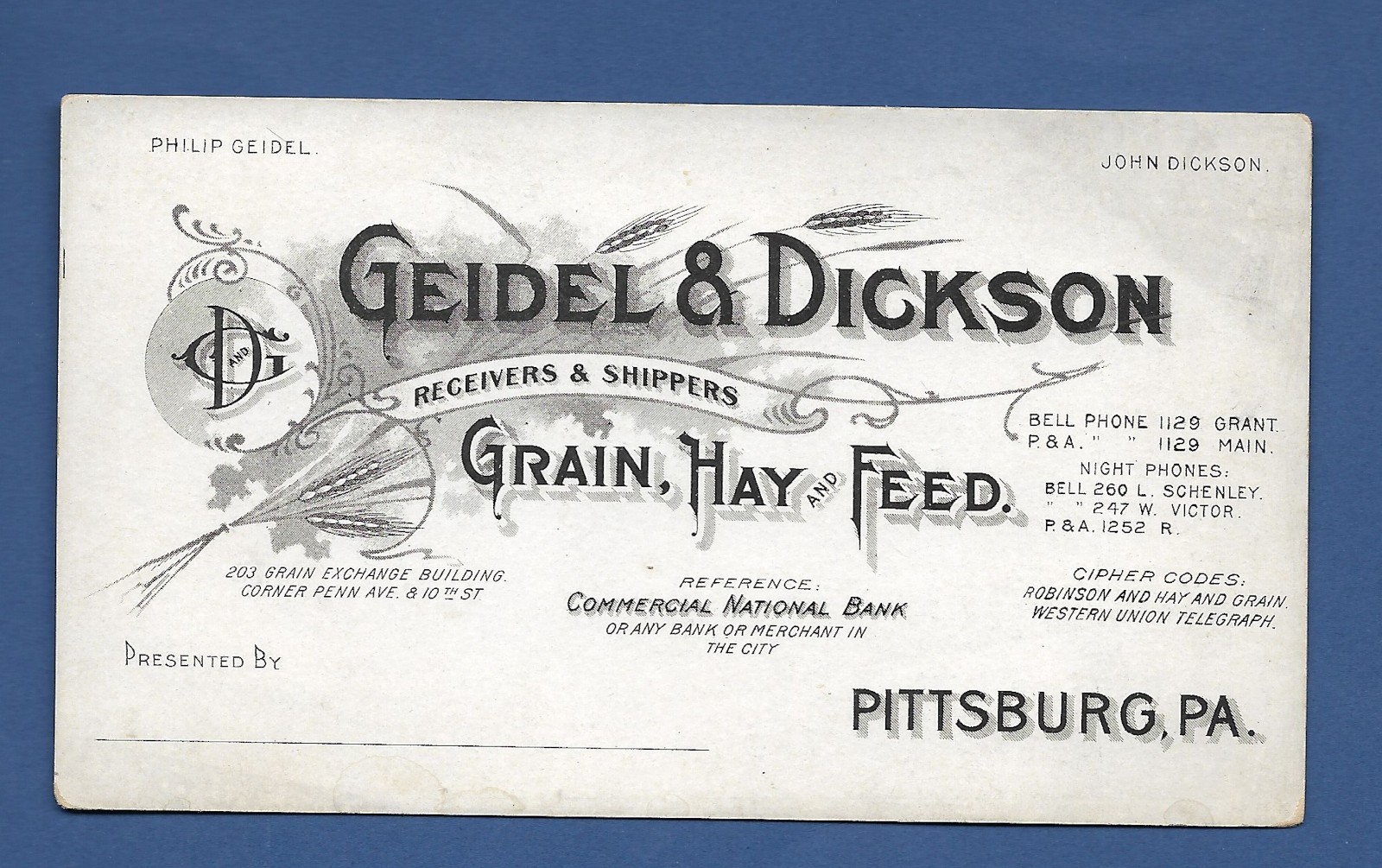 Vintage Geidel & Dickson Grain Hay Feed Advertising Card Pittsburg PA